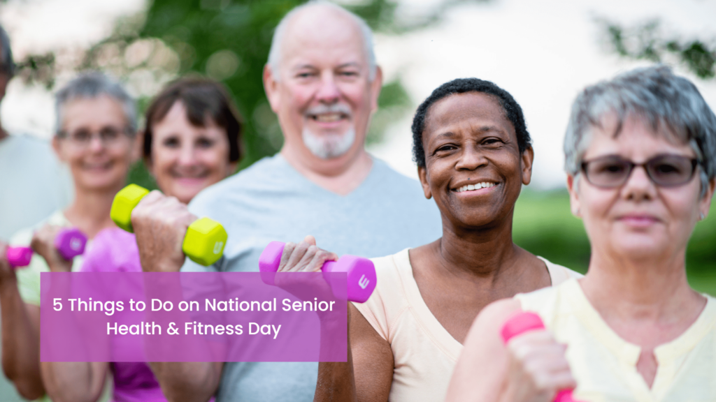 Group of senior citizens holding hand weights