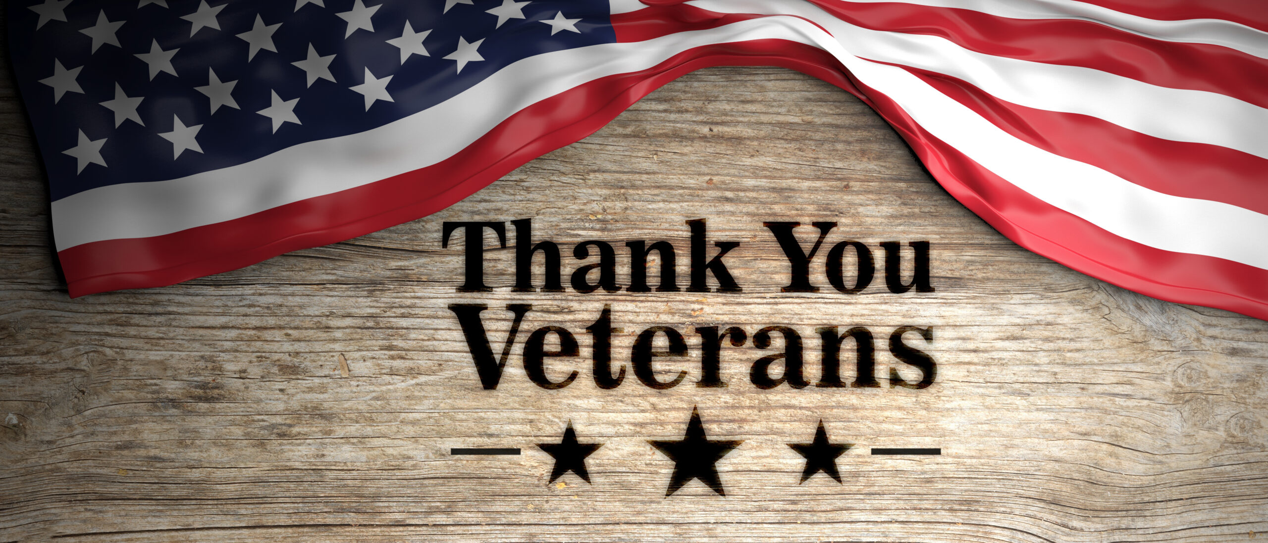 United States flag with thank you veterans message. Wooden background. 3d illustration