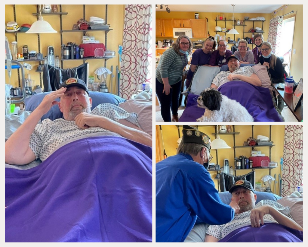 photo collage of Veteran Al receiving his pin, saluting, and posing with his wife, care team, and dog